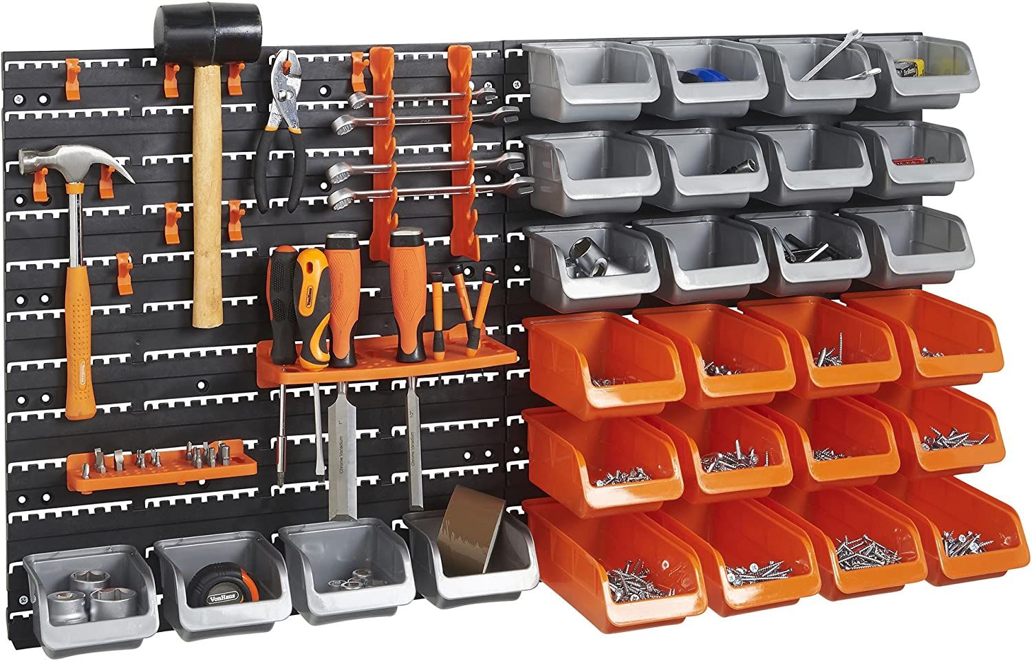VonHaus 44 Piece Wall Mounted Pegboard Hook Storage Bins and Panel Set DIY Garage Storage Wall Mount System with Rack and Bin Accessories Tool