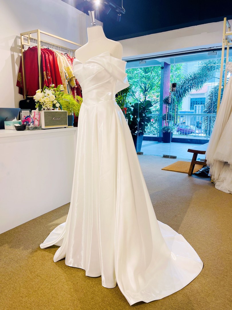 White Pearl Satin Off Shoulder Bridal Gown WT1079 Women s