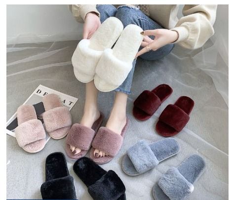 Women Open Toe Fluffy Furry Faux Fur Cozy Indoor Home Bedroom