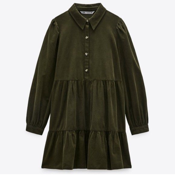 Zara corduroy babydoll dress in olive green, Women's Fashion, Dresses &  Sets, Dresses on Carousell