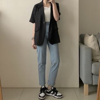 超彈性高腰直筒牛仔褲