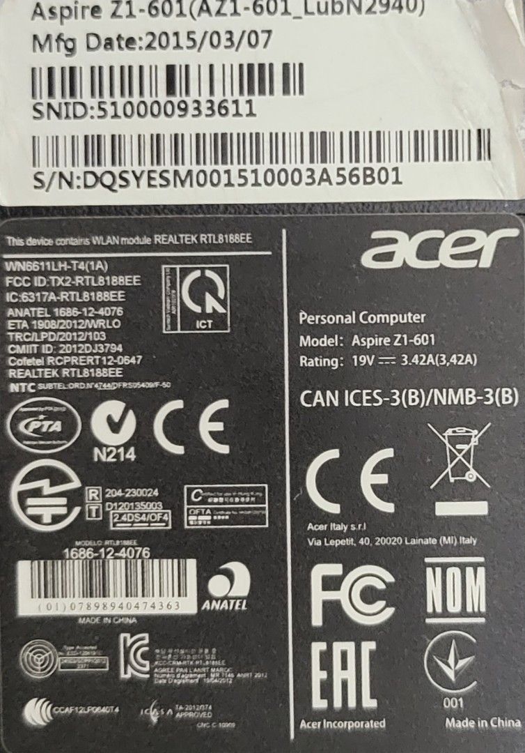 Acer All in one pc ultra slim Intel(R) Celeron(R) CPU N2940 @1.83GHz ...