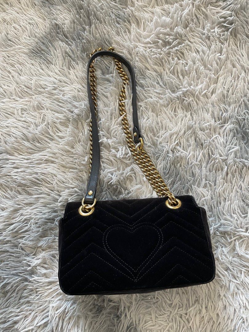 Authentic Gucci Black Matelasse Velvet Mini GG Marmont Shoulder Bag