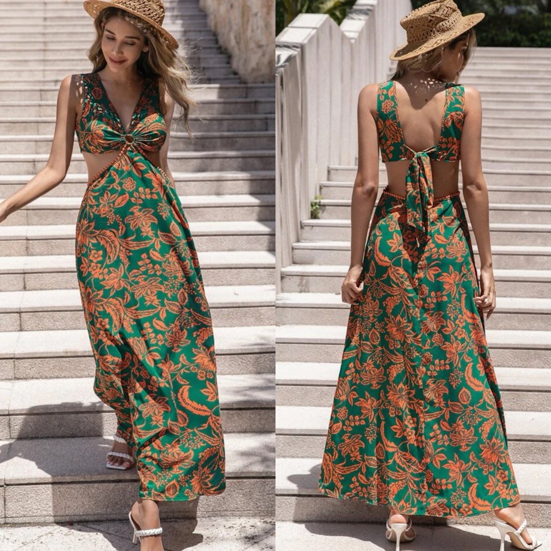 Authentic SHEIN floral summer boho coachella beach cut out tie back maxi dress Women s Fashion Dresses Sets Dresses on Carousell