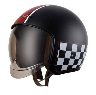 Black with Red Brown Stripe and White Checkered Designs with Inbuilt Built In Lens Peak Bubble Astronaut Motorcycle Helmet Open Face Retro Vintage Classic Visor Vespa Scooter Cafe Racer Motorbike Bike Leather Gloss Old School Harley