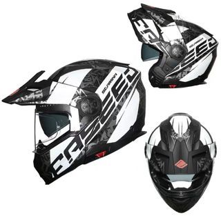 Black with White Modular Flip Up Dual Sports with Inner Lens Full Face Adventure Motorcycle Helmet Scrambler Motorcross Road Dirt Motorbike Bike