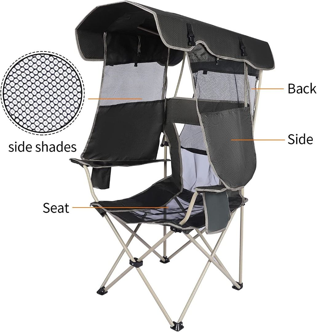 Canopy Beach Chair with Fan, Beach Chair with Canopy Shade, Cup Holder,  Side Pocket for Outdoors Sports, Beach, Camping, Tailgates, Fishing -  Support 330 LBS 
