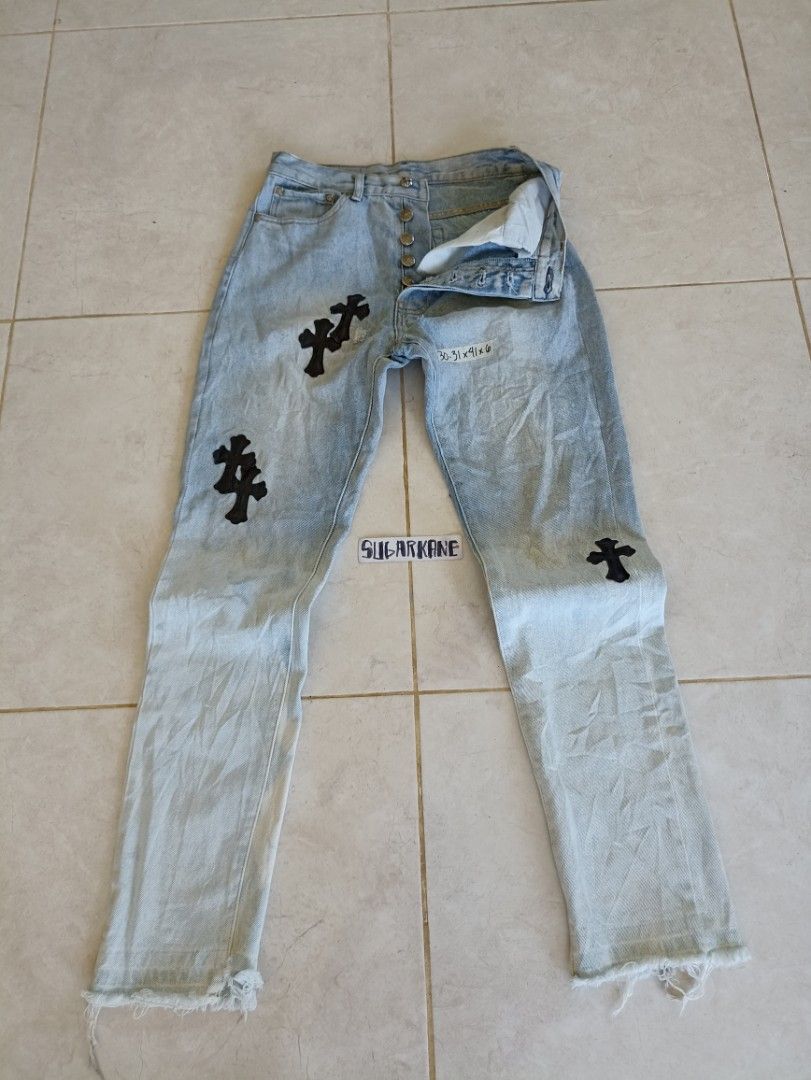 CHROME HEARTS X CDG BLACK DENIM JEANS PINK PATCHES