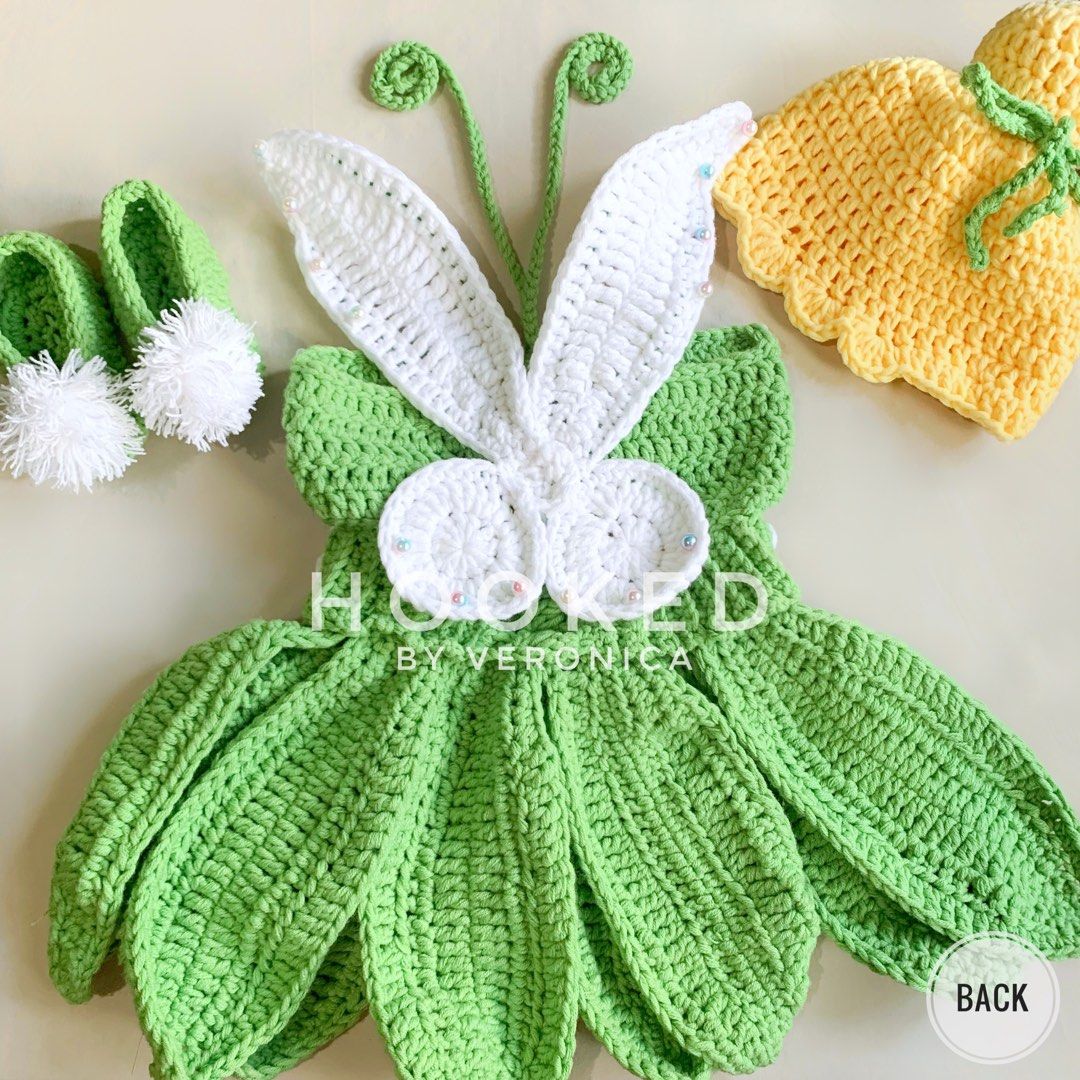 Crochet Tinkerbell Milestone Costume (Category: Babies & Kids Fashion) located in Manila. Submitted by hookedbyveronica (Listing ID 1222658138, Image 2). Description: ✨ pre-order ✨handmade ✨ material: cotton yarn ✨ embellished with pearl beads & brooch ✨ sturdy wings — with wire ✨ set: dress, shoes, & hat Pricelist: ✨ 0-3mos: ₱1,199 ✨ 4-6mos: ₱1,249 ✨ 6-9mos: ₱1,299 ✨ 9-12mos: ₱1,349 ✨ 12-18mos: ₱1,399 ✨18-24mos: ₱1,449 PM for orders/inquiries 💌
