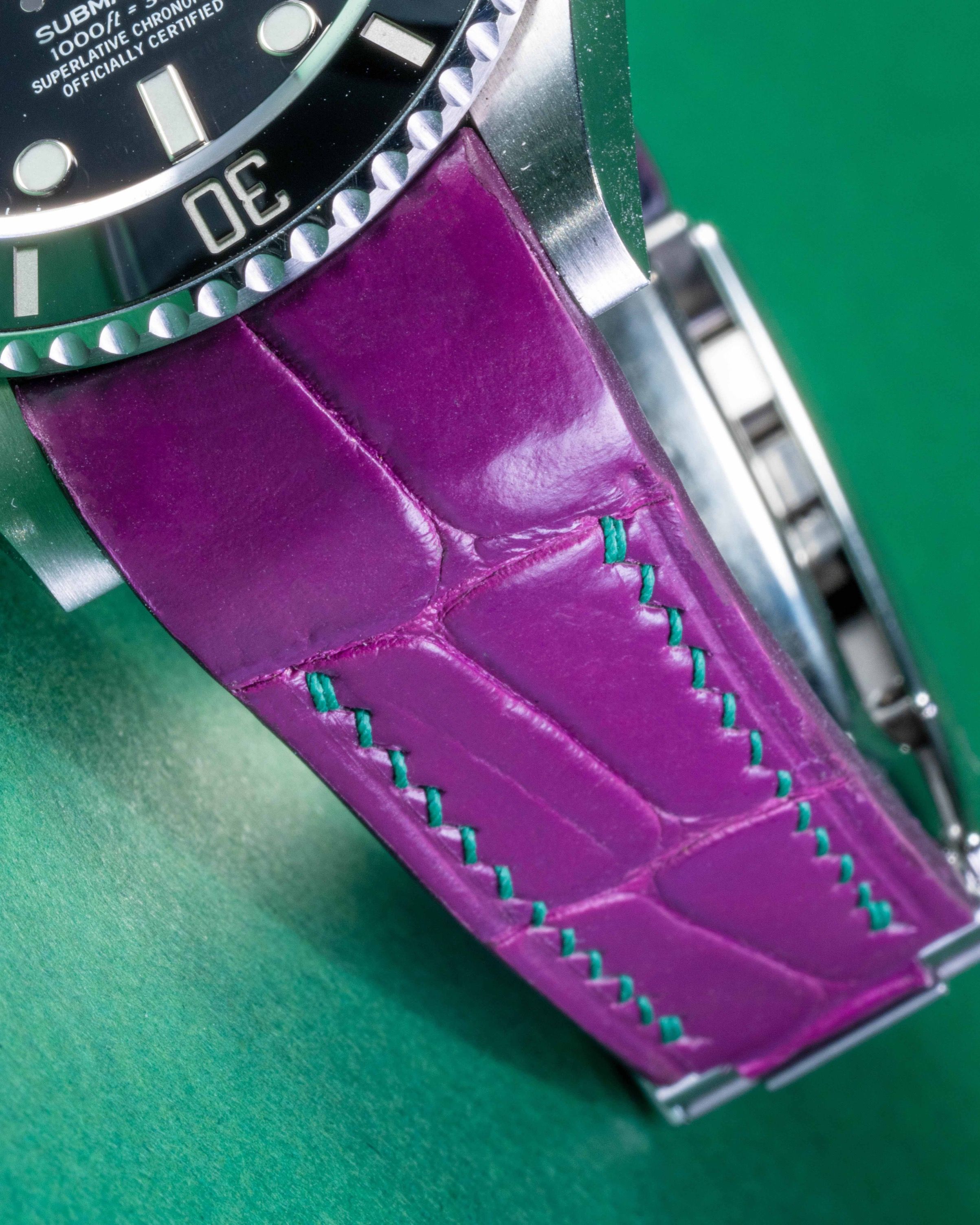 Handmade Hand stitched Watch Strap in Purple Crocodile Leather For