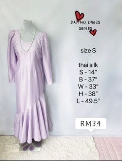 LONG DRESS GOWN chantung thai silk lilac soft sweet puffy sleeve