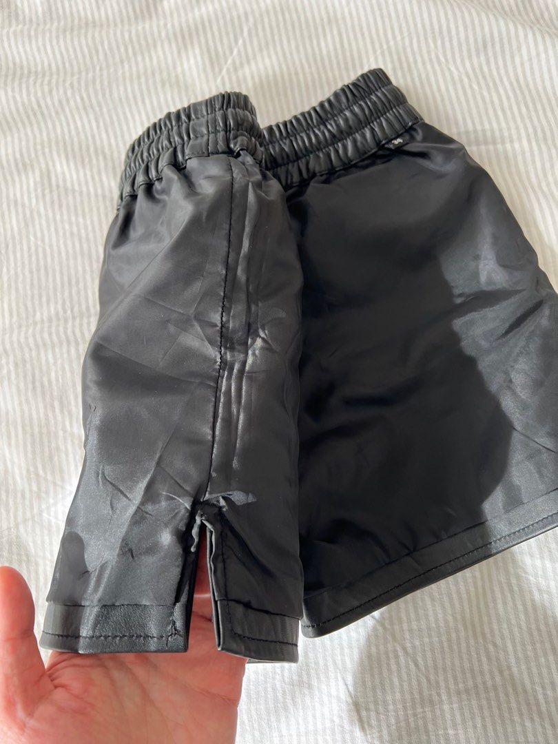 Mens genuine real cow black leather shorts elastic band waist