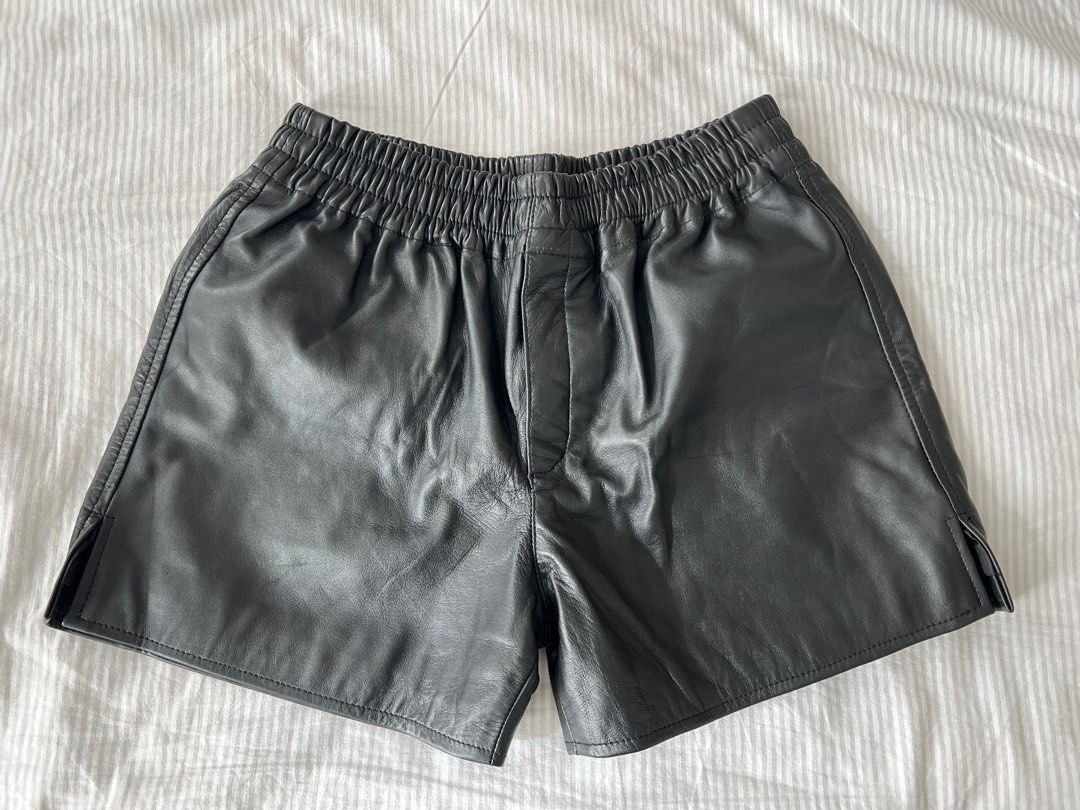 Mens genuine real cow black leather shorts elastic band waist short Bermuda for men