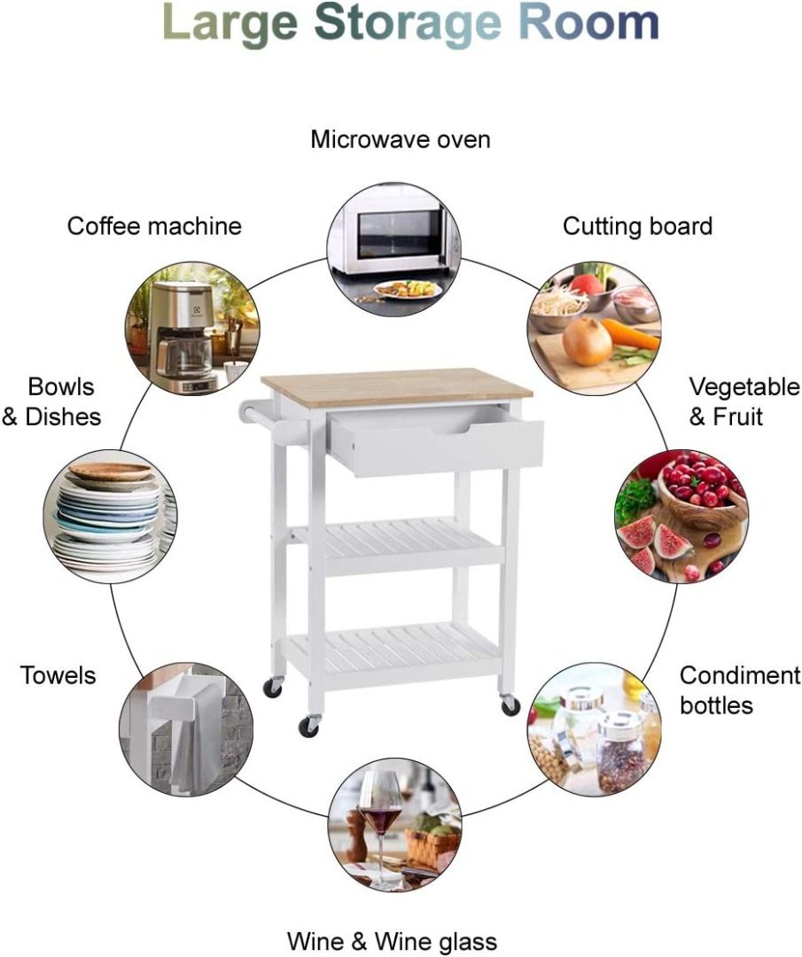 Microwave Carts Rolling Kitchen Island Cart with Wheels, White Kitchen