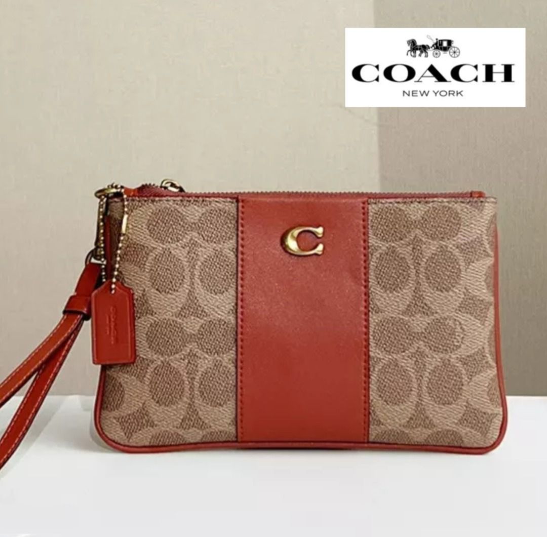 New Coach Original Brown Signature Collection Small Wristlet In Signature Canvas Wristlet For Women Come With Complete Set Suitable for Gift