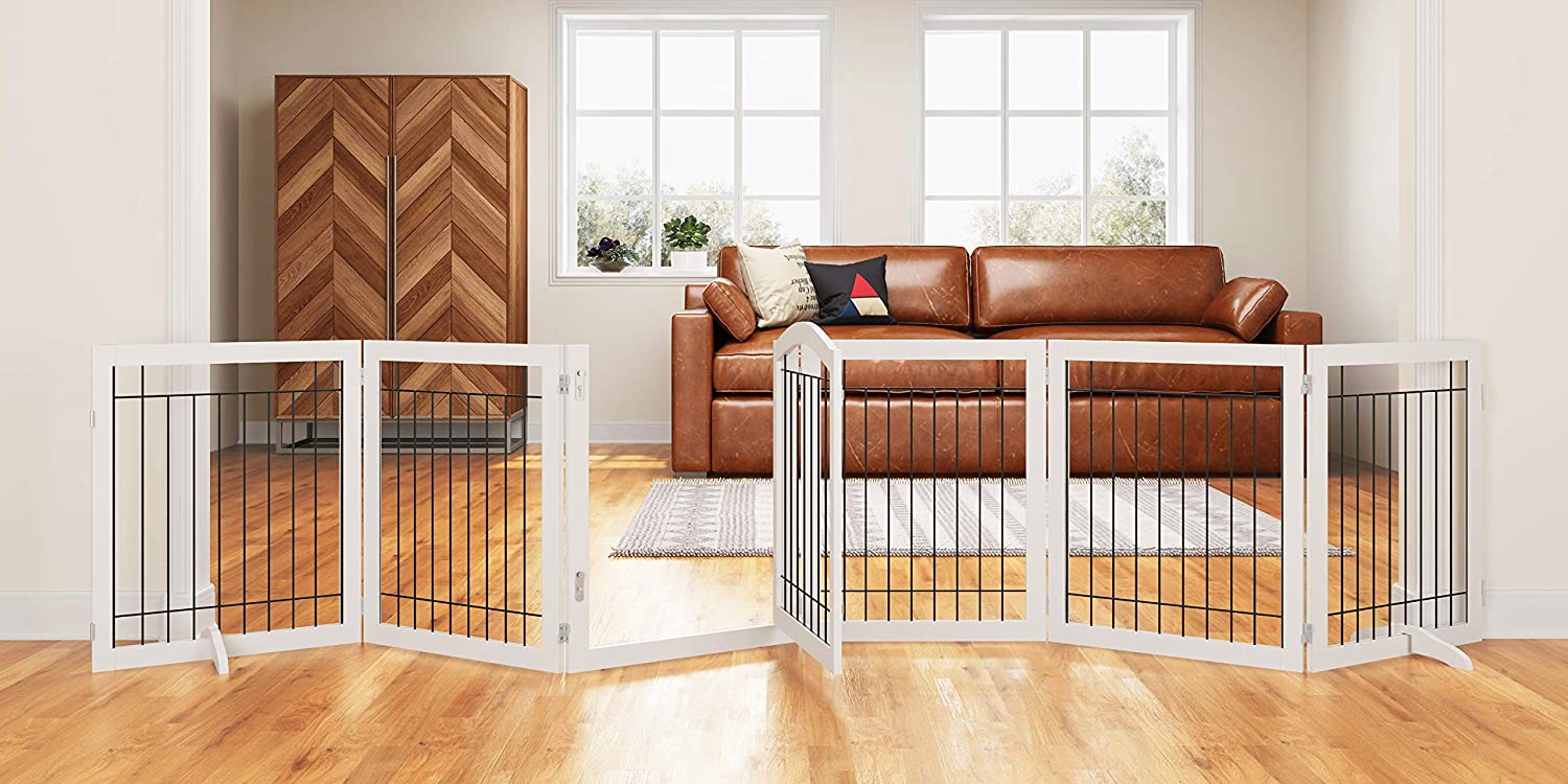 PAWLAND 144 inch Extra Wide 30 inches Tall Dog gate with Door Walk Through Freestanding Wire Pet Gate for The House Doorway Stairs Pet Puppy Safety Fence Support Feet Included White 6 Panels Pet Suppl...