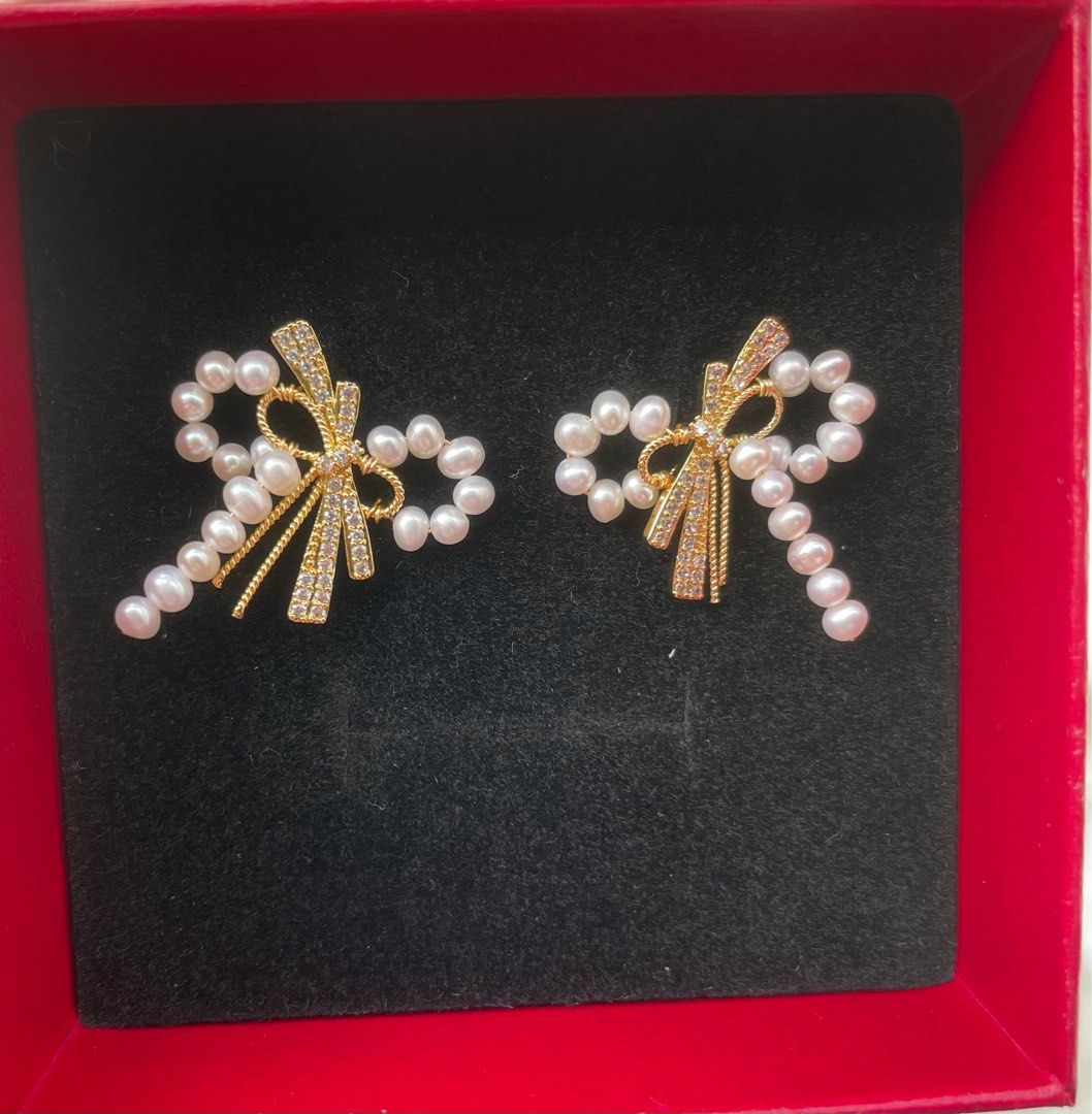 Cute Real pearl ribbon earrings Women s Fashion Jewelry