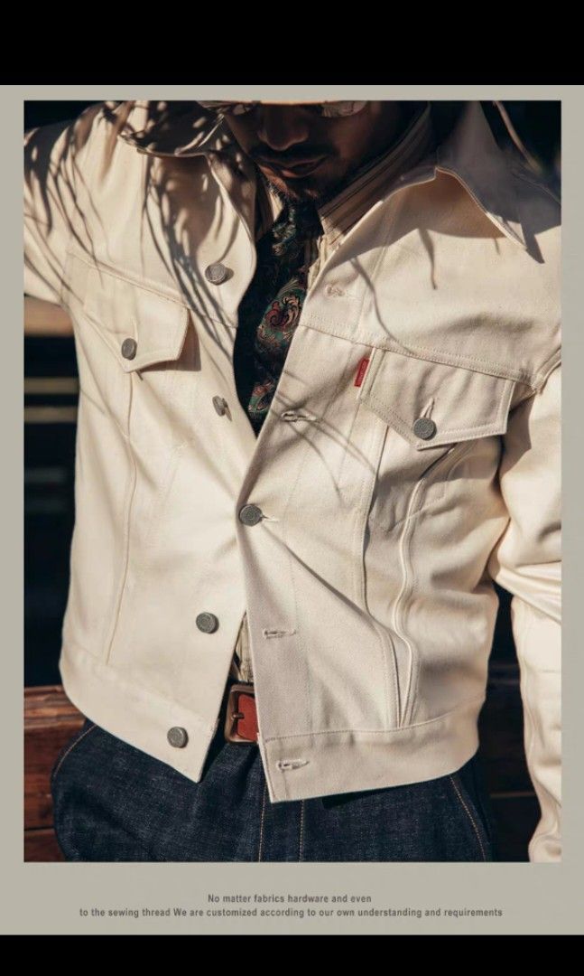 Red denim jacket online with white stitching
