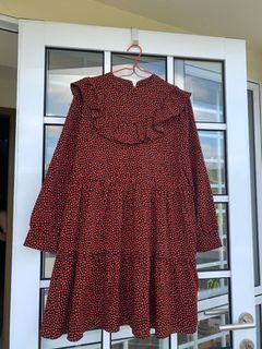Saturday club red orange pattern ruffles babydoll dress mandarin collar