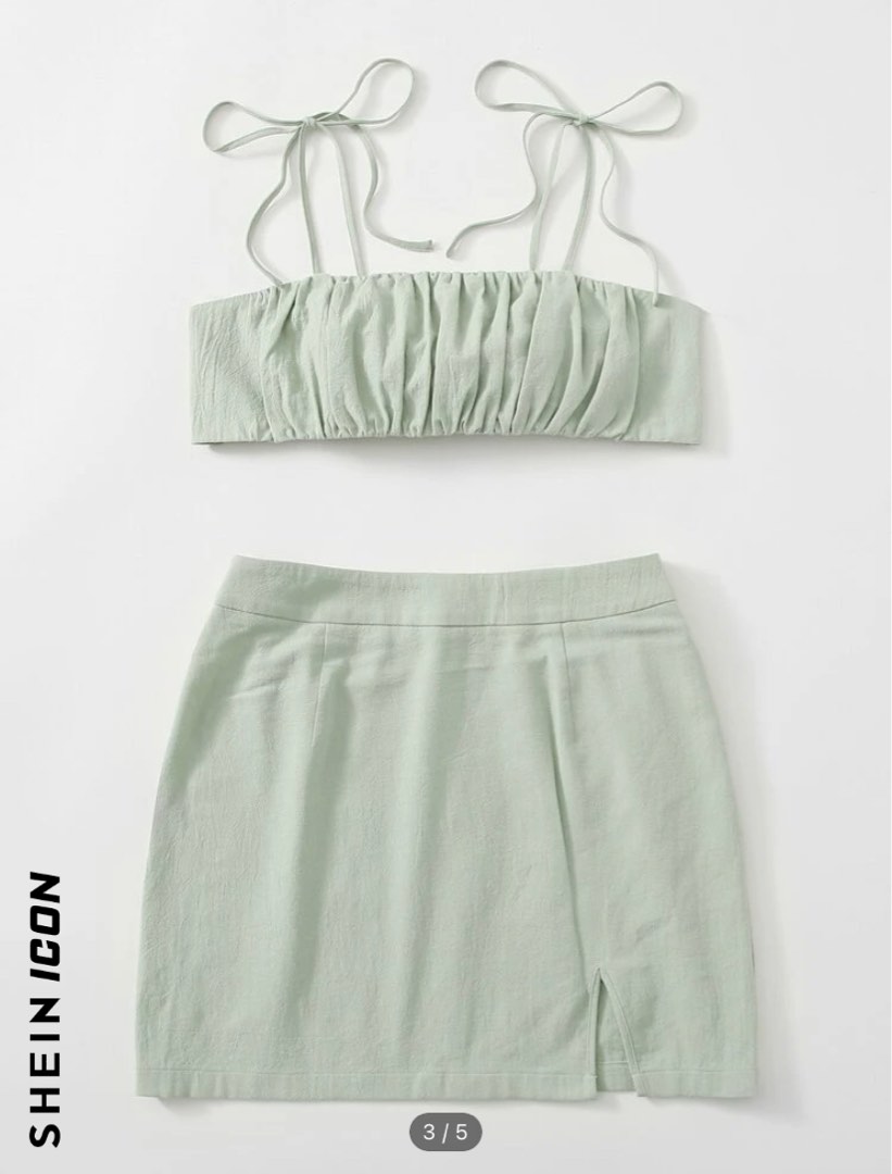 SHEIN ICON Knot Shoulder Tie Back Ruched Bust Crop Cami Top & Split Hem  Skirt Set