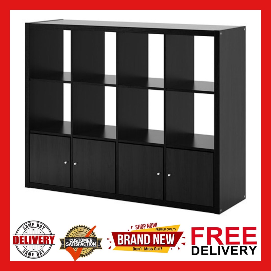Shelving, KALLAX Shelving unit with 4 inserts Black-brown 147×112,  Furniture & Home Living, Furniture, Shelves, Cabinets & Racks on Carousell