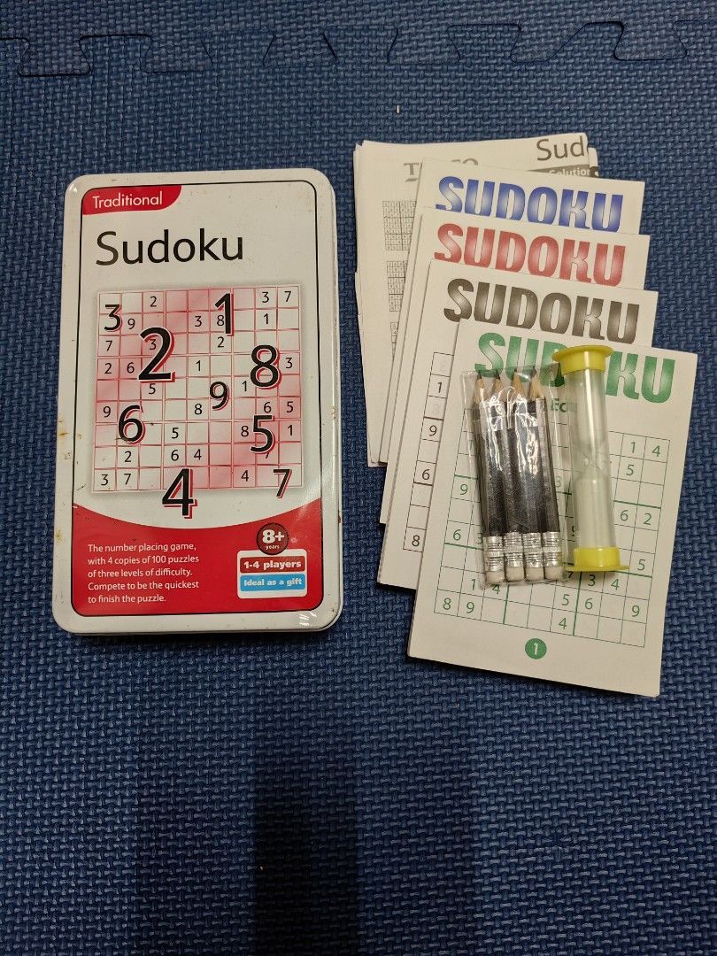 SUDOKU GAME (Category: Board Games & Puzzles) located in Pasig City. Submitted by fancycorner.ph (Listing ID 1222705333, Image 2). Description: Complete Set With Tin Can 4 Sudoku Blank Booklets 4 pencils 1 Hourglass.