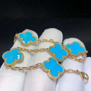 Van Cleef & Arpels VCA 18k Yellow Gold Turquoise 5 Motifs Vintage Alhambra Bracelet