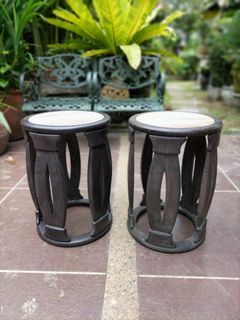 Antique Chinese Black Wood Marble Stool/Side Table