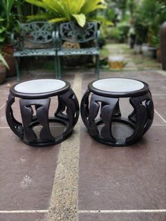 Antique Chinese Black Wood Marble Stool