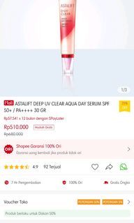 Astalift Deep UV  Clear Aqua Day Serum SPF 50+/PA ++++ 30Gr Sunscreen / Sunblock / Face Lotion