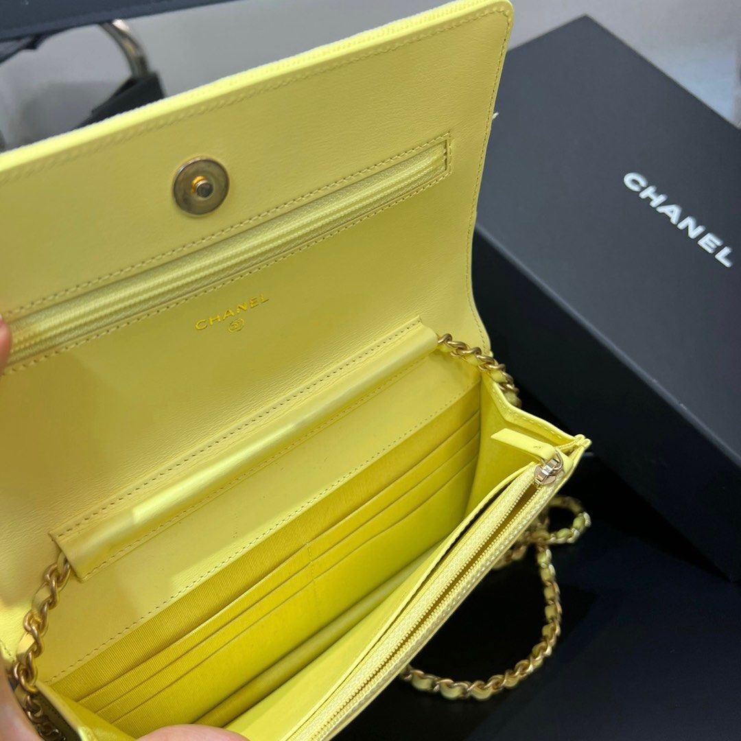 Authentic Chanel Coco Wallet On Chain Yellow Fringe Chevron Denim