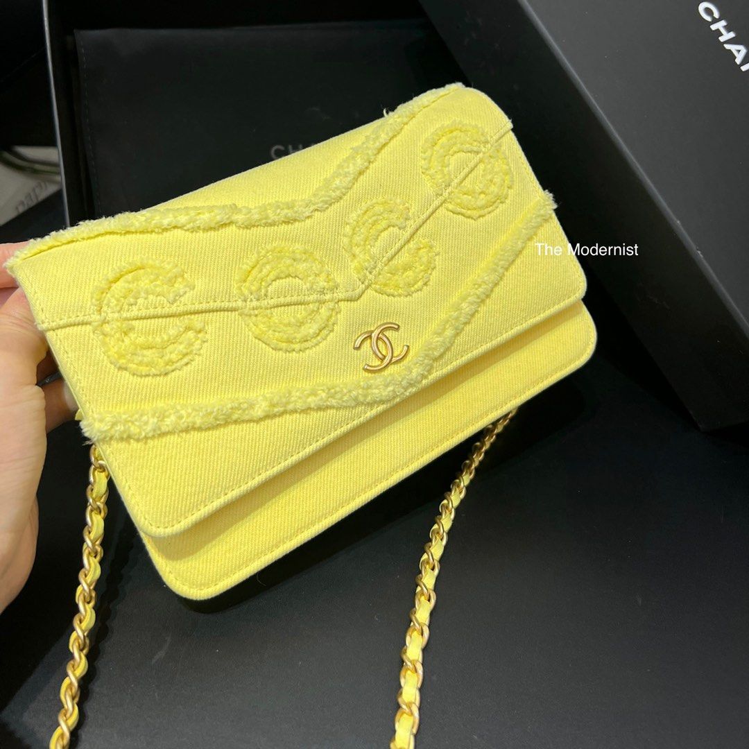 Authentic Chanel Coco Wallet On Chain Yellow Fringe Chevron Denim