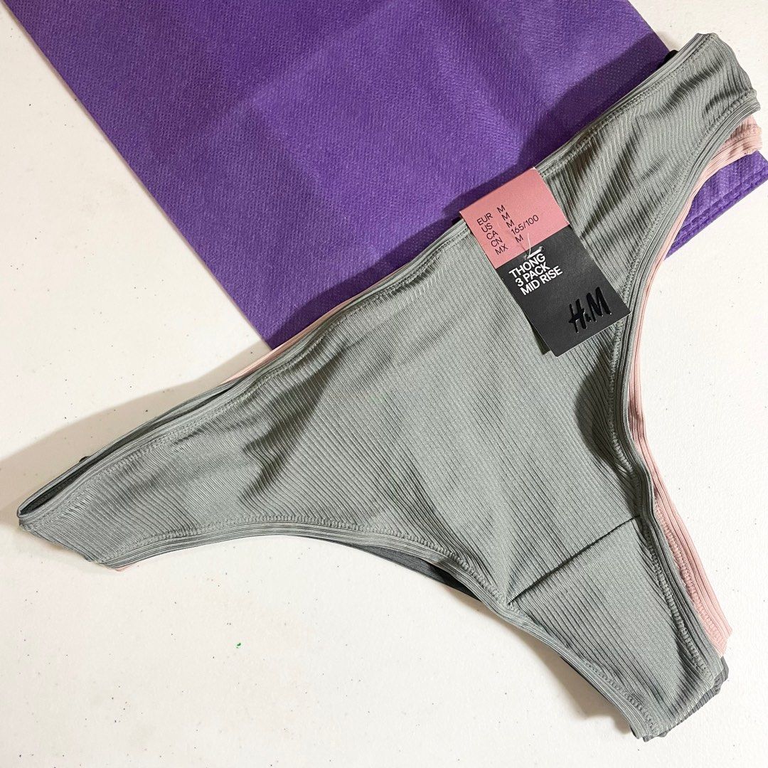 AUTHENTIC H&M hnm hm h and m thong 3 pack mid rise panty cotton set pink  blue gray, Women's Fashion, Undergarments & Loungewear on Carousell