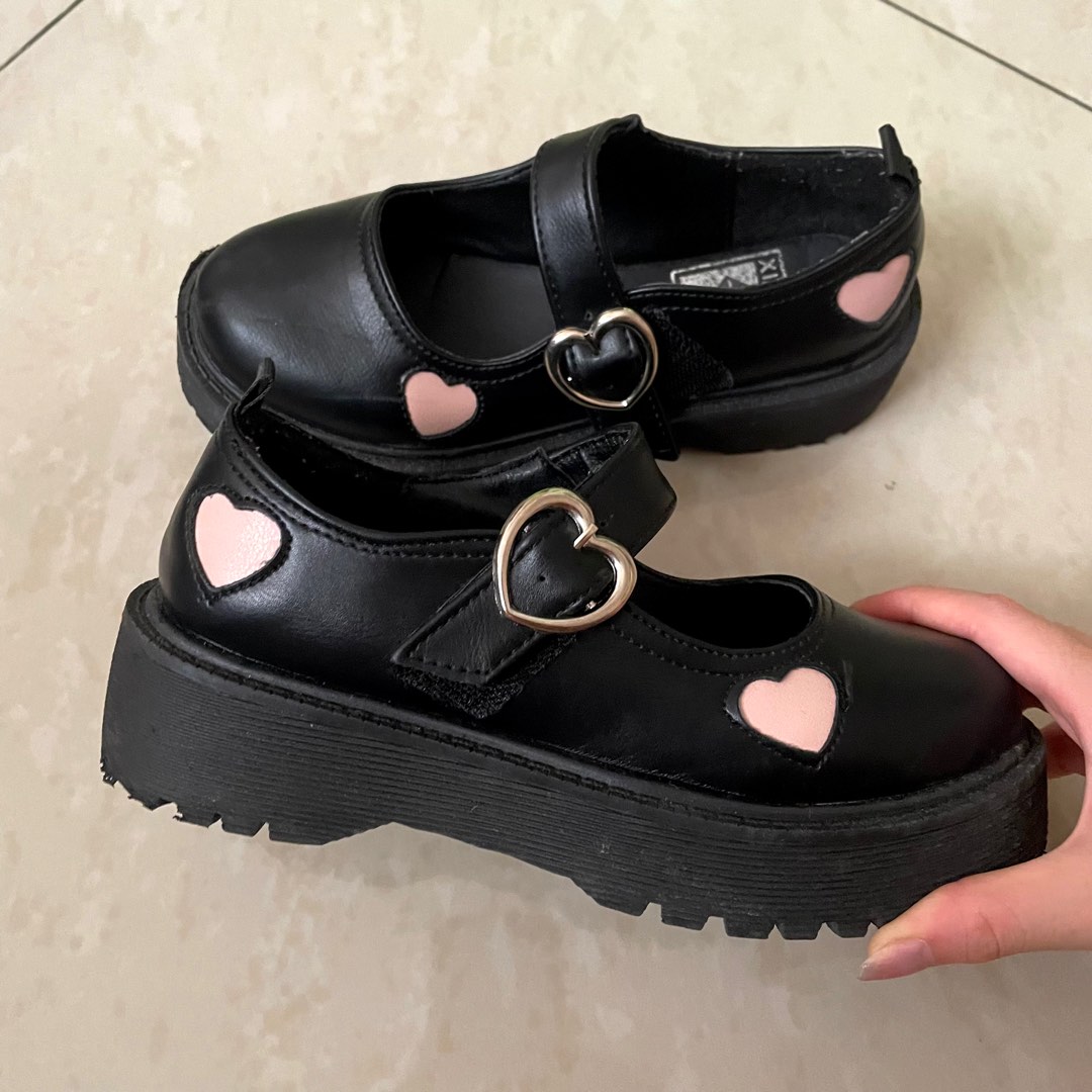 black mary jane shoes with pink hearts and heart buckle Women s
