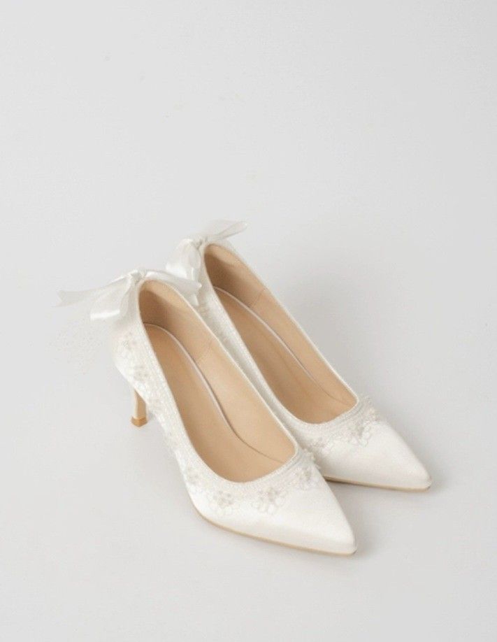 Bridal lace ribbon beaded shoes white heels with Women s Fashion