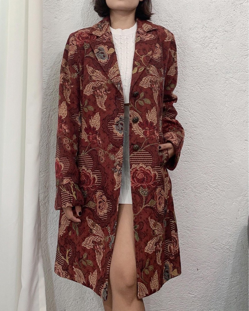 CABI Classic Embroidered Marsala Long Blazer Coat Large 10US