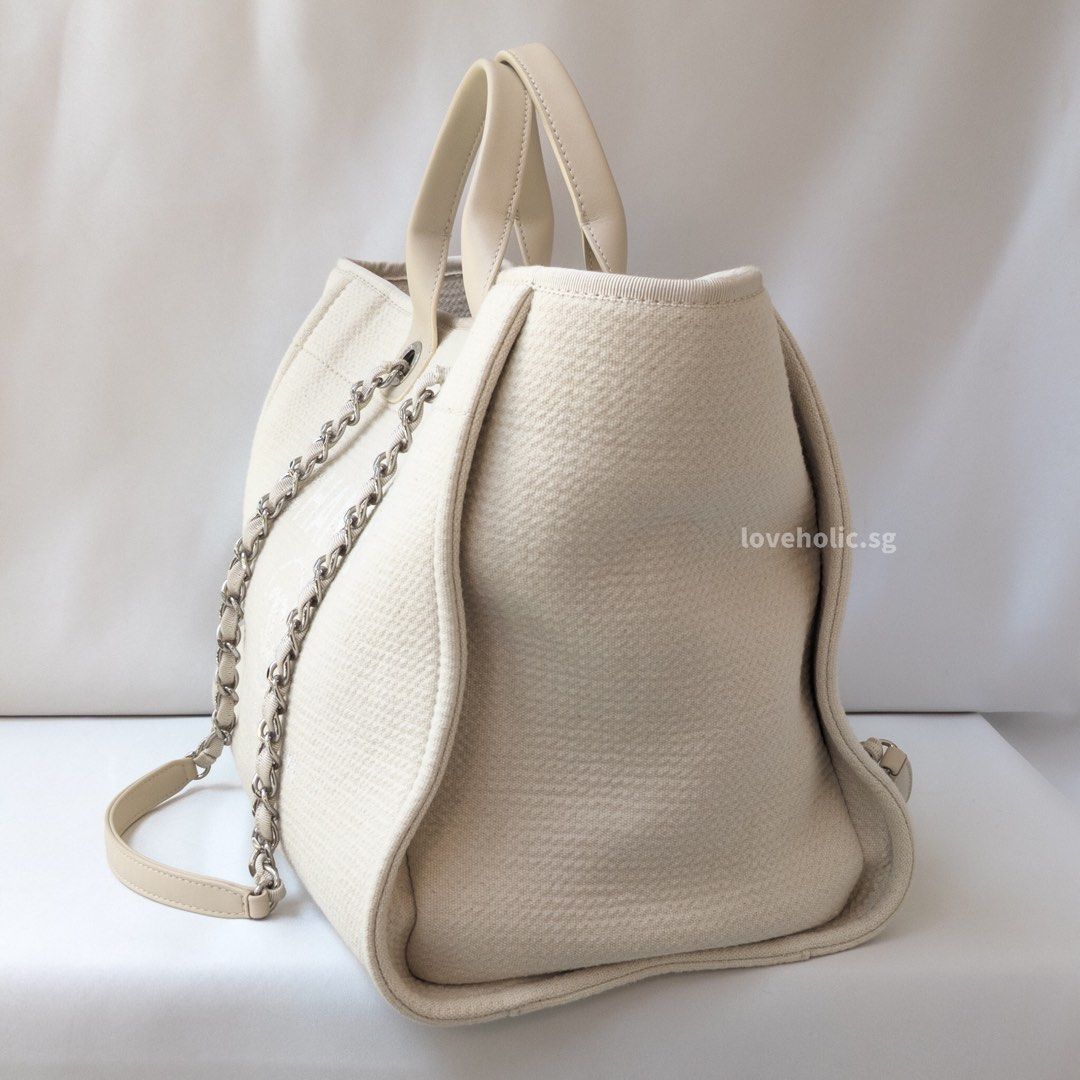 Chanel Deauville Large Tote | Beige/White Canvas Silver Hardware sku 1788