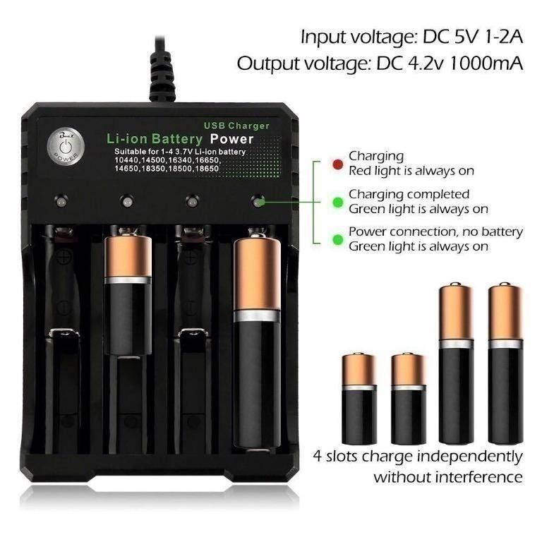 18650 Battery Charger 4-Bay 5V 2A for Rechargeable Batteries 3.7V Li-ion TR  IMR 18650 14500 16340(RCR123) Red/Green Display (Not Battery)