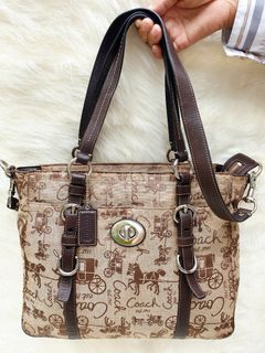 Coach Tas Tote Selempang Sling Bag Bahu Shoulder Bag Kanvas mix Kulit Asli Wanita Second Preloved Thrift