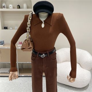 Cut out long sleeve knitted top - brown