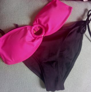 Forever21 Hot Pink Bandeau Swimsuit Top and Black Bikini Bottom with ties at the sides