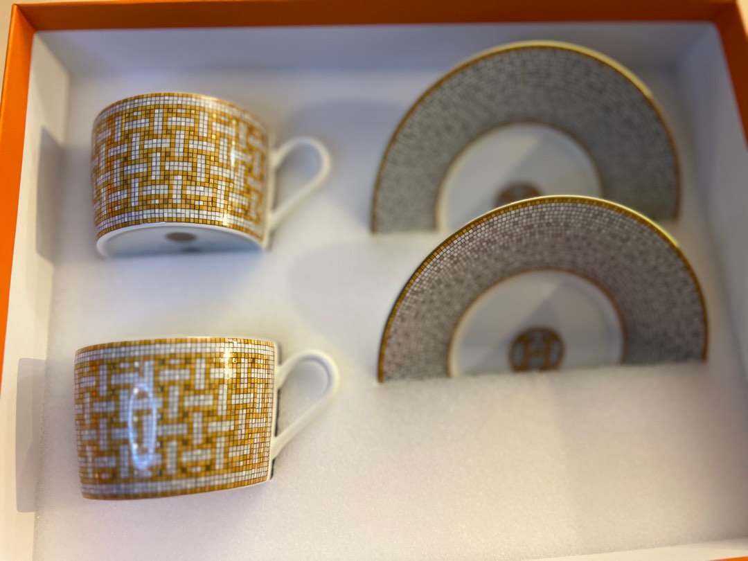 Service à Thé HERMÈS Mosaique Au 24 - Tasse Et Soucoupe En Porcelaine Dorée - Neuf Sous Scellé