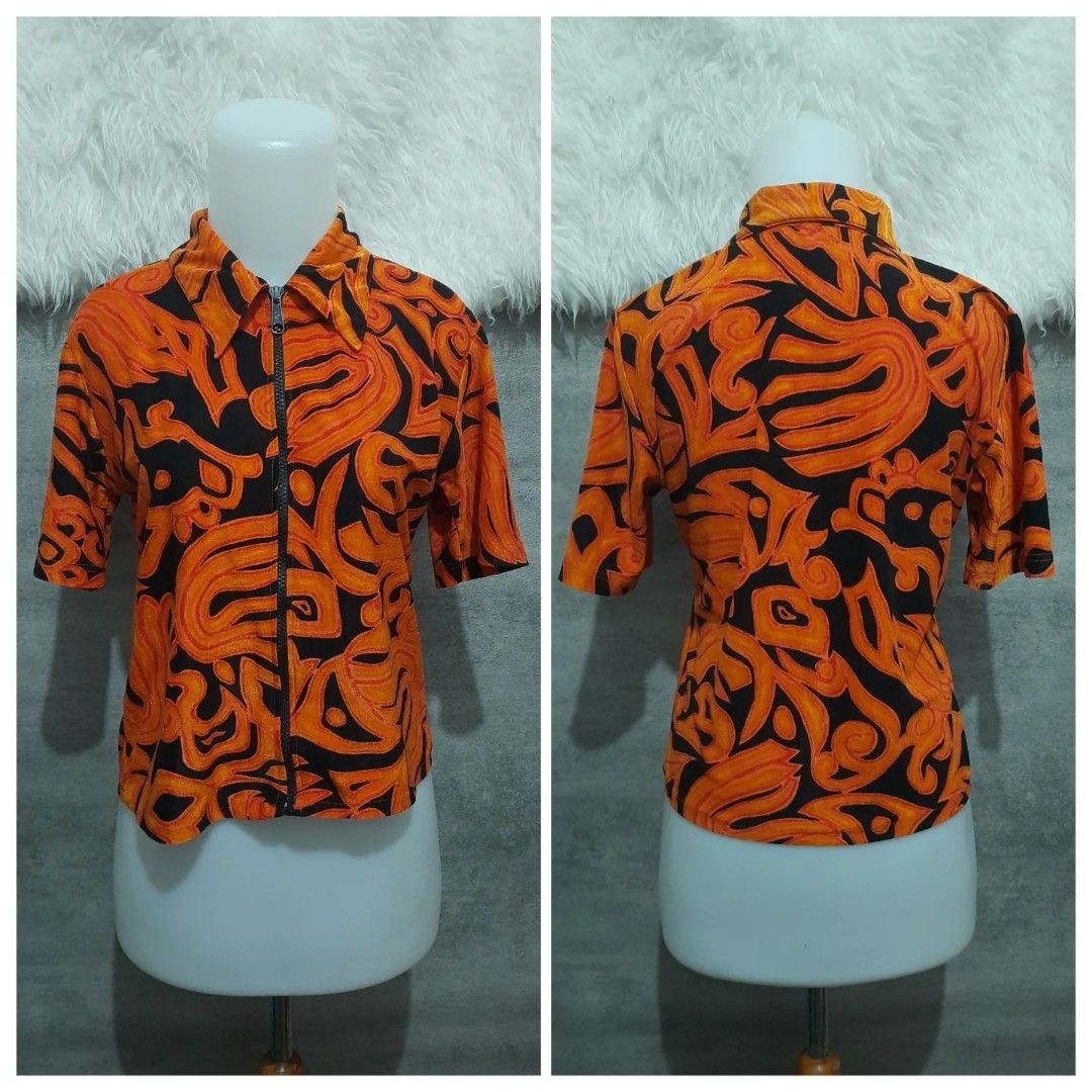 Motif Etnik Batik Oren Zipper Lengan Pendek, Fesyen Wanita