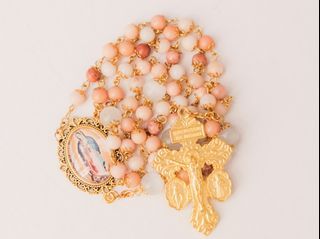 Our Lady of Guadalupe rosary with natural aventurine stone and gold finish pardon crucifix
