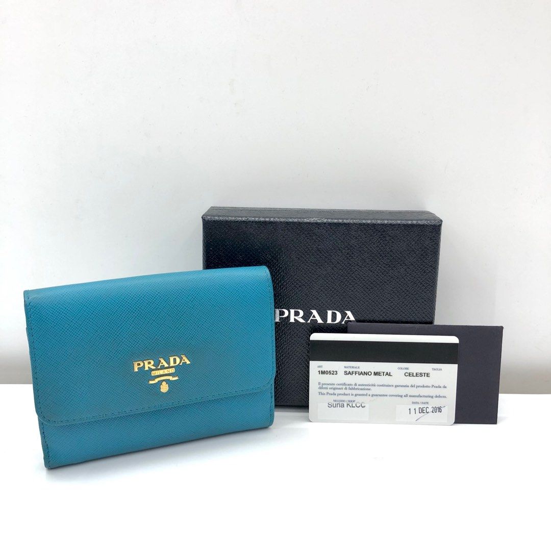 DISCOUNTED] PRADA 1M0523 BLUE SAFFIANO COMPACT WALLET 237009098 -, Luxury,  Bags u0026 Wallets on Carousell