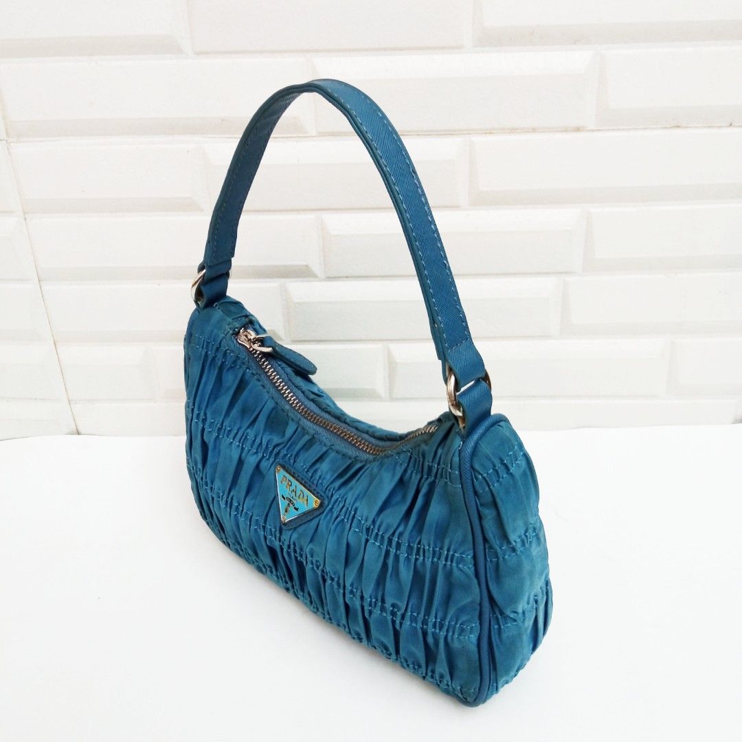 PRADA Ruched Hobo Bag in Blue Nylon