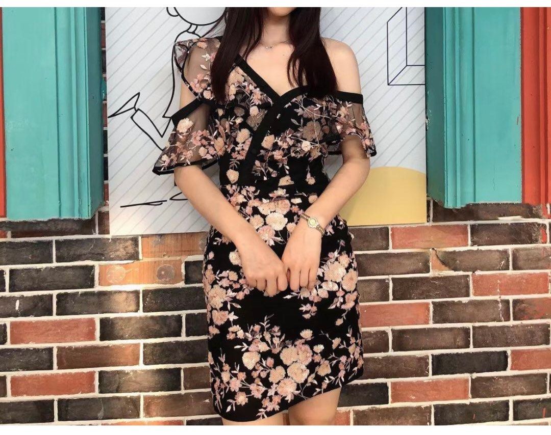 Authentic Self Portrait Frilled Midnight Floral Mesh Dress