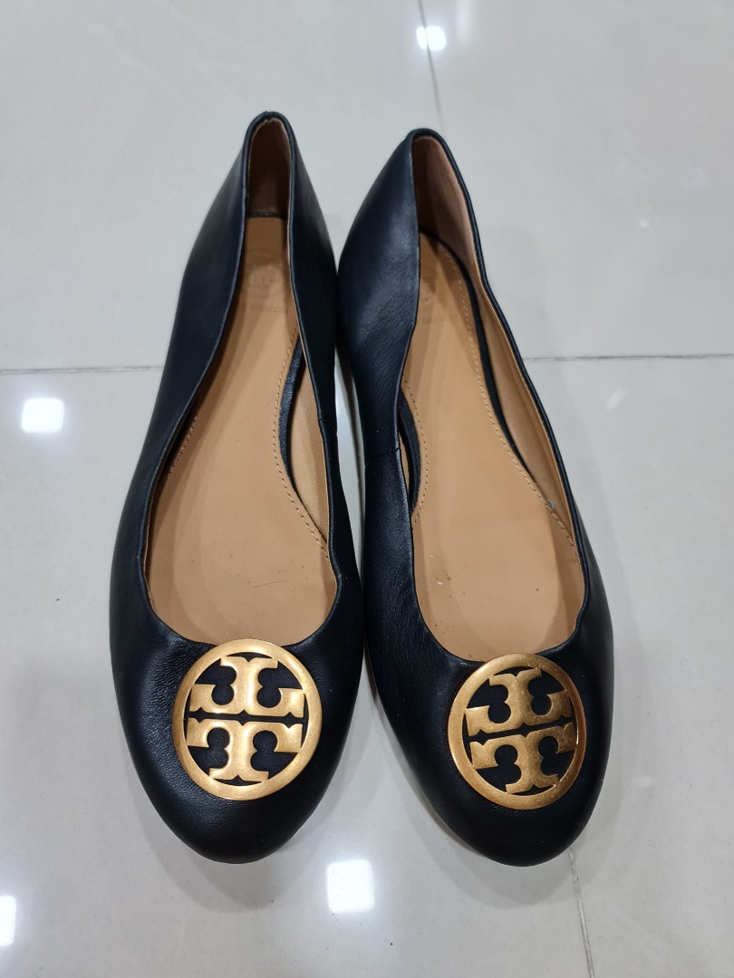 Tory Burch black flats with gold logo - preloved, Luxury, Sneakers &  Footwear on Carousell