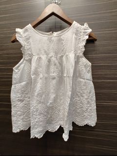 White Lace Embroidered Ruffle Sleeves Cotton Blouse Top