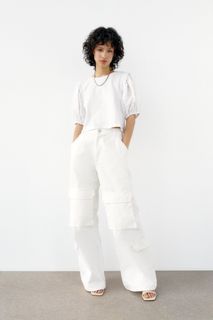 Zara Contrast Embroidered Puff Sleeves Cotton Crop White T-shirt XS